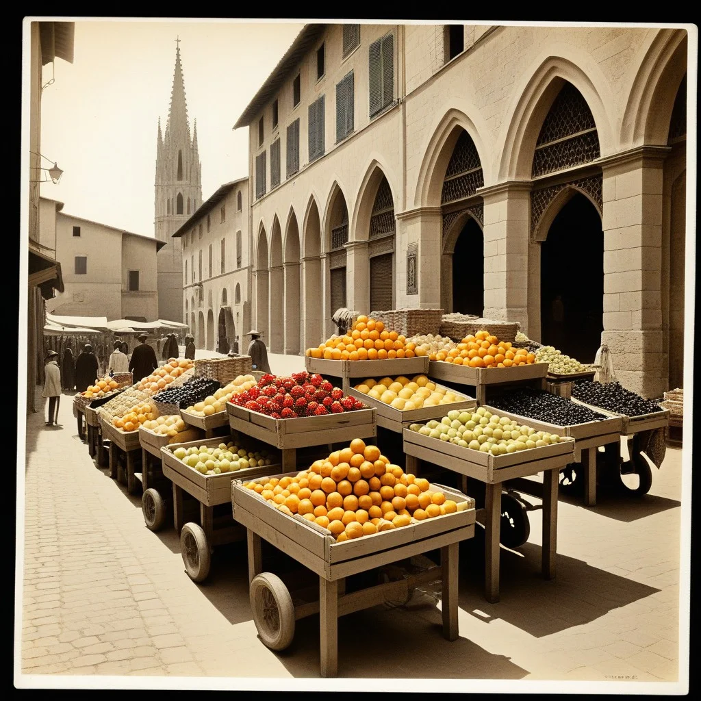 Une vieille carte postale jaunie montrant un marché catalan du début du XXe siècle, avec des paniers d’osier et des fruits à moitié flous.