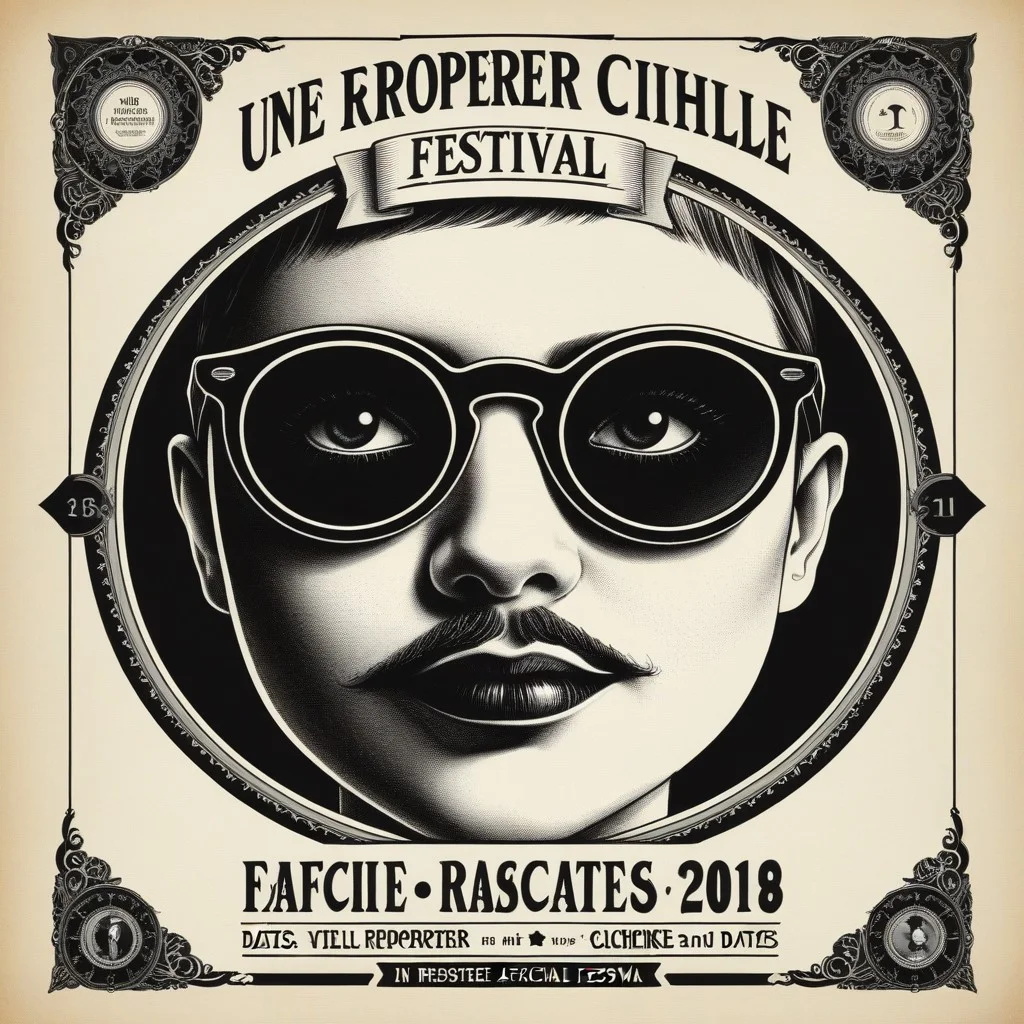 Une vieille affiche de festival déchirée, avec des dates effacées et un cliché en noir et blanc d’un reporter aux lunettes rondes.
