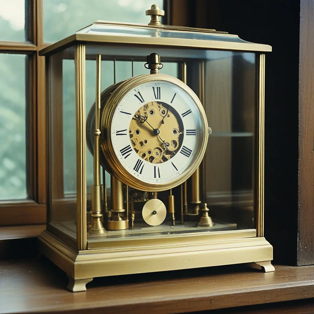 Ancien cadran de montre en laiton, sans aiguilles, posé sur une étagère de bois clair. Des traces d’humidité sur le verre, des chiffres romains encore visibles mais flous. Une poussière fine recouvre tout.