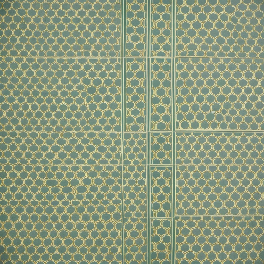 Un carreau de faïence émaillée du XIVe siècle, aux motifs géométriques abîmés par le temps, posé sur un morceau de tissu gris-vert. Une poussière dorée flotte dans l’air au-dessus.