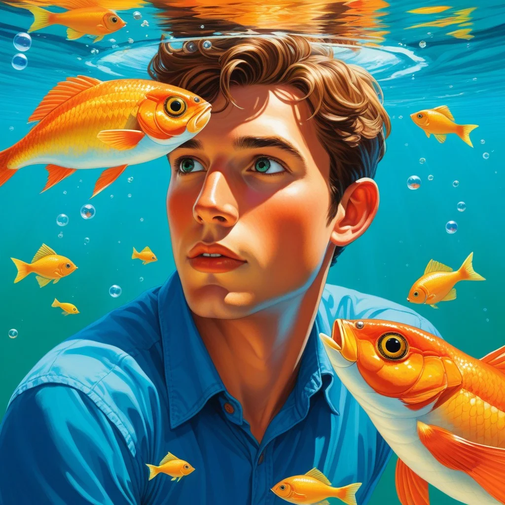 Illustration BD colorée et dynamique montrant un jeune homme avec des jumelles, le regard ébloui, observant un martin-pêcheur qui plonge dans la Têt. Des bulles de pensées imaginent l'oiseau en train de nager sous l'eau. Le style est léger, joyeux, avec des couleurs vives de bleu, vert et orange.