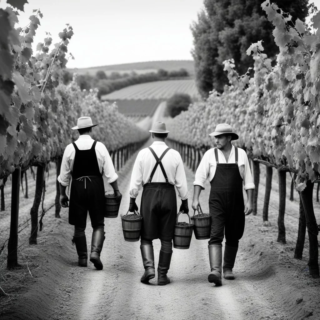 Une vieille affiche usée représentant des vignes et des grappes de raisin.
