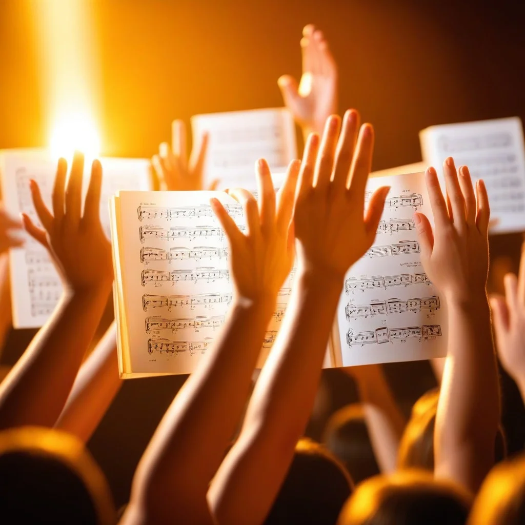 Close-up of a choir's hands raised in unison, holding sheet music, illuminated by golden spotlight from above, intense emotion in the posture, blurred background of orchestra strings, vibrant and electric mood.