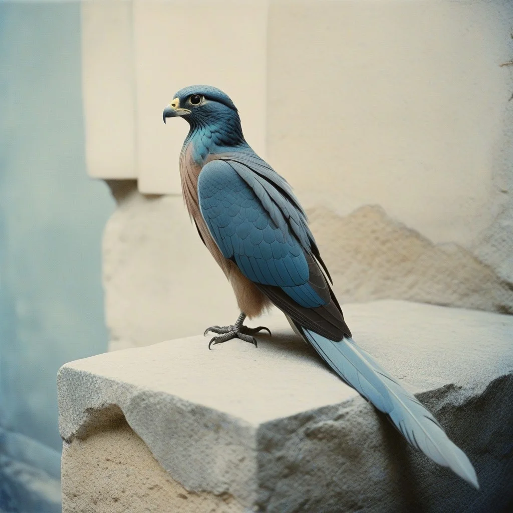Plume de faucon gris-bleu, posée sur une pierre calcaire usée par le temps. La tige est cassée à moitié, mais les barbes restent intacts, fines comme du fil de soie.