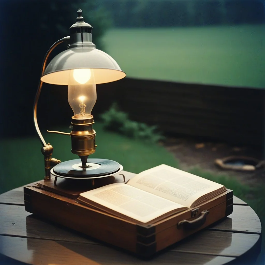 Un vieux tourne-disque en bois foncé, sans disque, avec un bras de lecture cassé et une lampe halogène éteinte. Sur le plateau, une fine couche de poussière, et une seule goutte de pluie séchée.