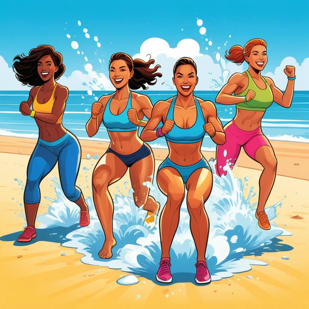 A vibrant comic-style illustration of a diverse group of people doing dynamic lunges and squats on the beach, with exaggerated expressions of effort and joy, surrounded by stylized splashes of water and bright summer colors.