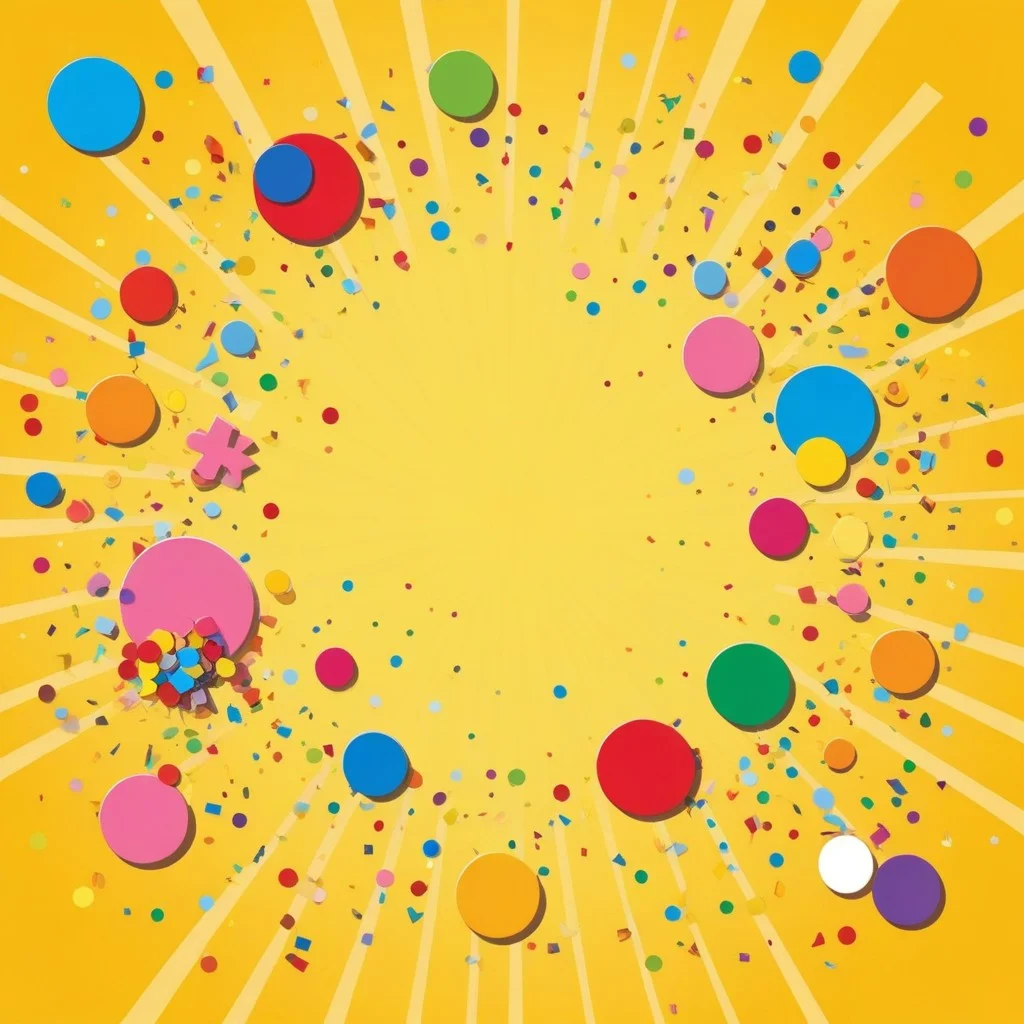 A dynamic, comic-book style detail shot of a group of colorful, abstract shapes representing different age groups (small circles for babies, medium squares for kids, tall rectangles for teens) dancing together in a circle. Confetti bursts around them, and the background is a soft, sunny yellow gradient. The image conveys unity, celebration, and the joy of community without showing specific human faces.