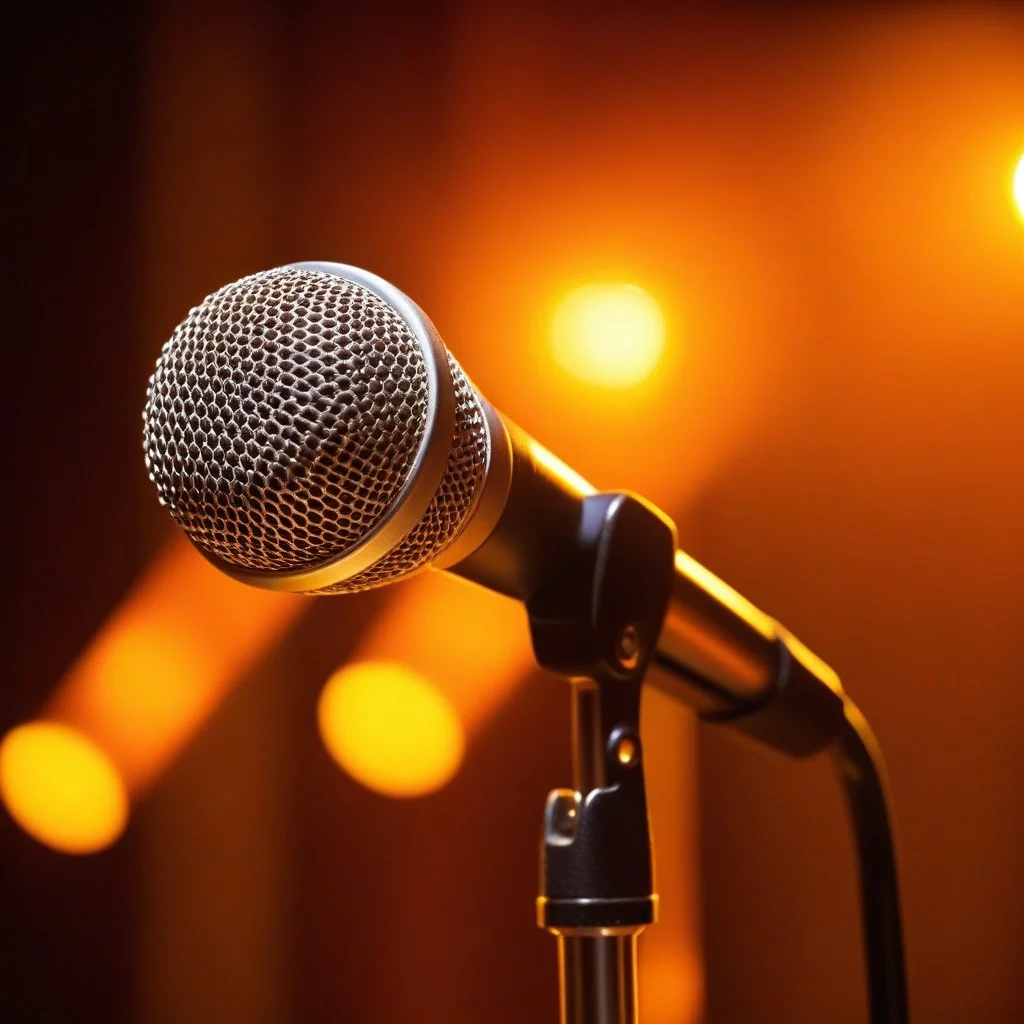 Close-up of a vintage microphone on a stand, slightly out of focus in the background, with warm amber stage lighting reflecting off the metal grille, suggesting a live vocal performance.
