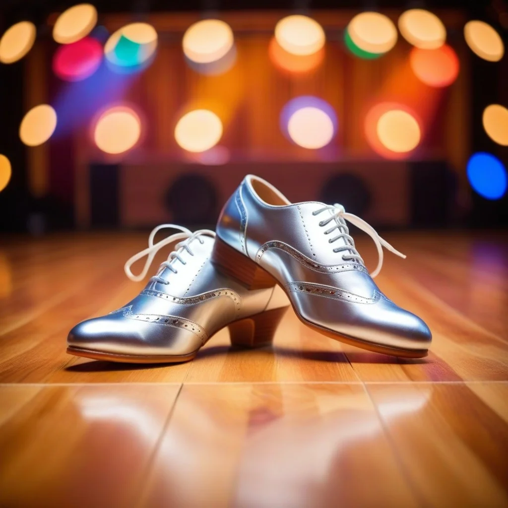 Detail shot of a pair of comfortable dancing shoes on a polished wooden floor, surrounded by blurred colorful bokeh lights from the stage, conveying motion and rhythm.