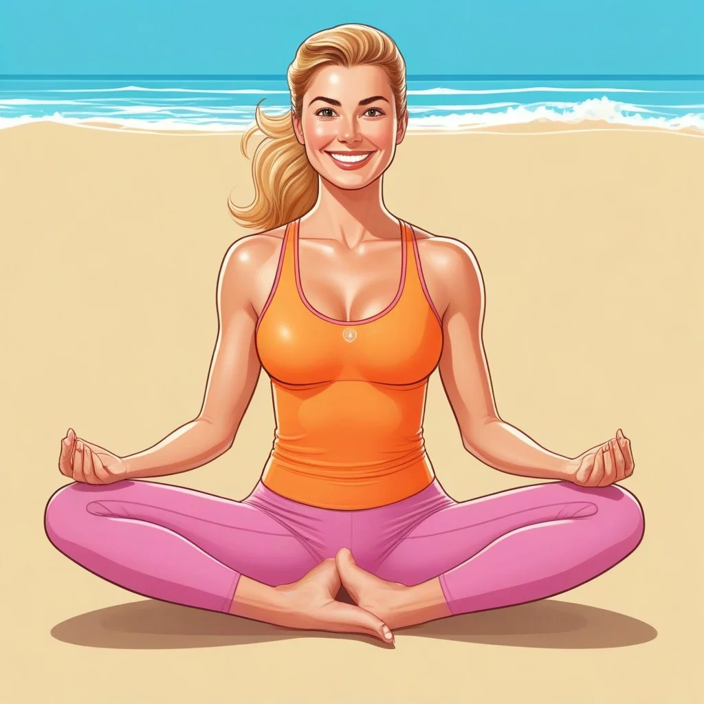 Illustration BD style franco-belge, couleurs pastel et vives. Une femme en tenue de sport fait une pose de pilates sur le sable, les yeux fermés, le sourire aux lèvres. Autour d'elle, des bulles de pensée montrent des vagues stylisées et des étoiles. En arrière-plan, on aperçoit les palmiers de Canet et la mer turquoise. Ton léger, apaisant, avec une touche d'humour dans l'expression concentrée mais sereine du personnage.