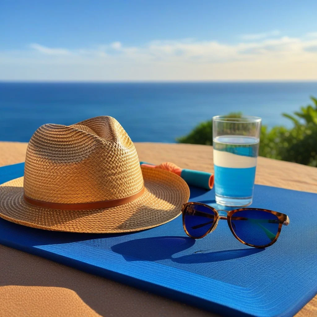 Detail shot of a woven straw hat and a pair of sunglasses resting on a yoga mat, with a small glass of water beside them, set against a backdrop of the deep blue evening sky and the first stars appearing above the sea.