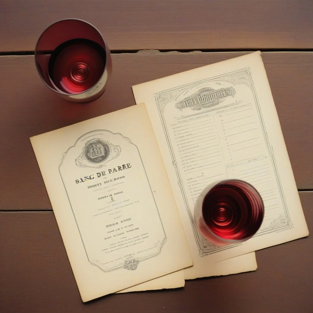 Ancien programme de cinéma imprimé sur papier jauni, avec des caractères d’imprimerie en lettres gothiques. Des traces de doigts sur les bords, une tache de vin rouge au coin droit. Pas de date lisible, mais le titre "SANG DE LA TERRE" en haut, entouré de motifs végétaux gravés à la main.