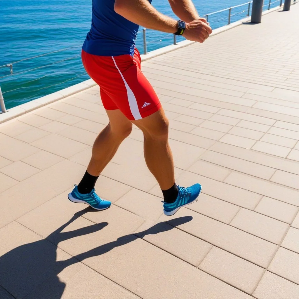 Coureur sur une promenade de bord de mer au lever du jour, dynamisme.