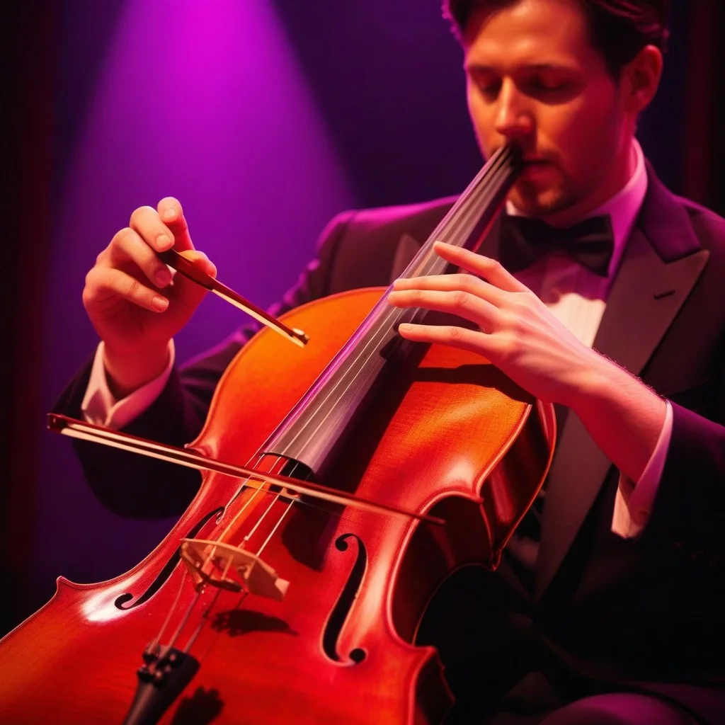 Close-up of hands on a cello and a violin, fingers poised over strings, dramatic red and purple lighting highlighting the tension and precision of the musicians' coordination, conveying intense focus.