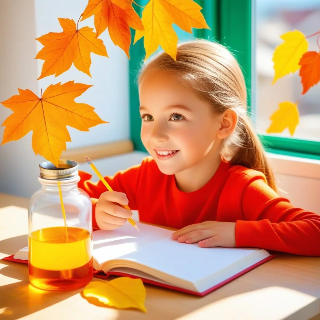 Un enfant de 8 à 10 ans, dos à l’objectif, observe attentivement une roche translucide tenue entre deux pinces, sous une loupe en cuivre. Autour, des feuilles de papier blanc couvertes d’écritures manuscrites : “schiste = plié”, “calcaire = mer”. Une bouteille d’eau et un sac à dos ouvert avec des gâteaux et un thermos. La lumière du soleil filtre par une fenêtre en bois, chaude et dorée.