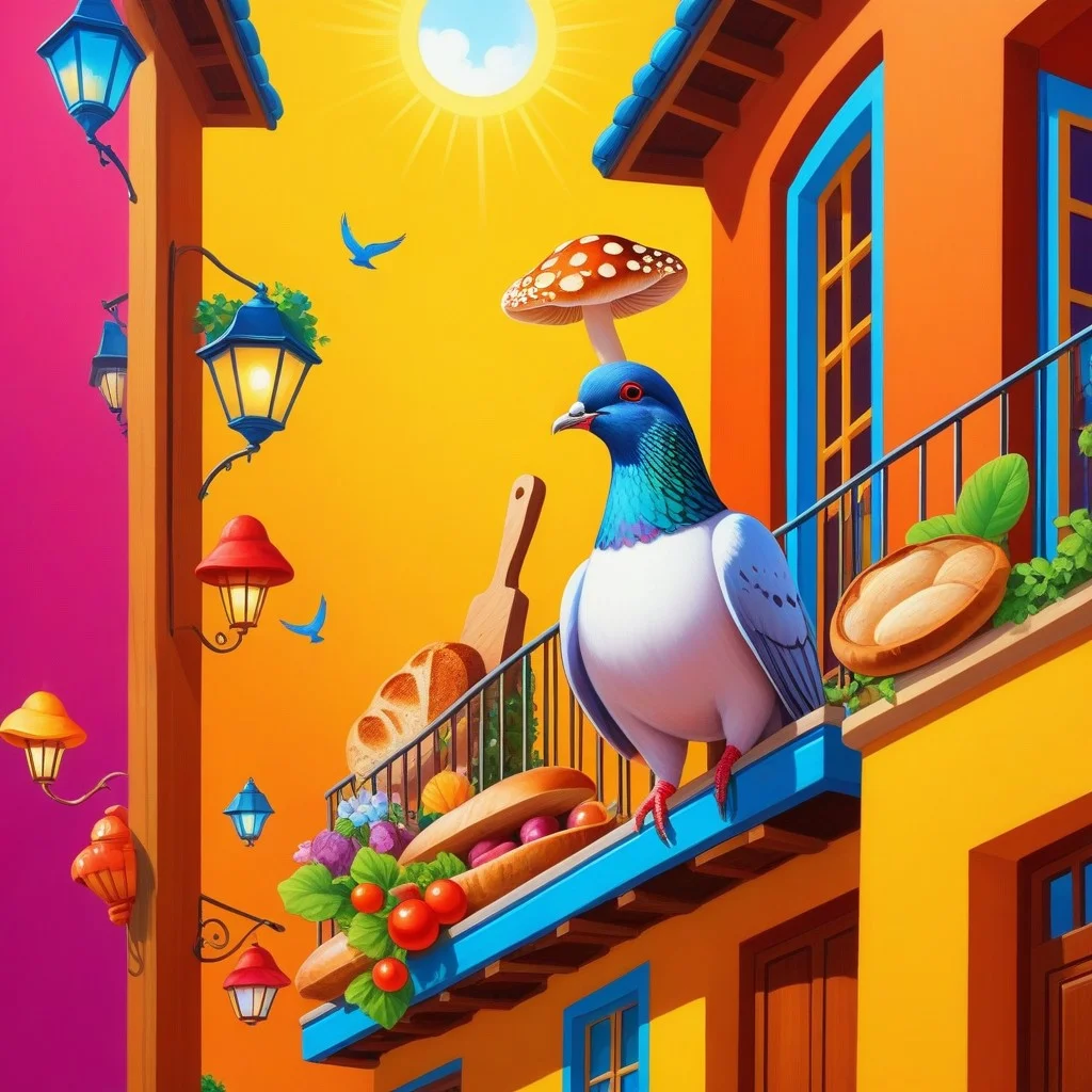Illustration BD colorée et joyeuse : un petit garçon en pyjama, les cheveux en bataille, cultive des champignons sur son balcon avec une lampe LED et un arrosoir. Des champignons géants sourient derrière lui, portant des lunettes de soleil. Un pigeon déguisé en chef cuisinier tient un menu : « Menu du jour : Champignon confit + pain grillé + amour local. »