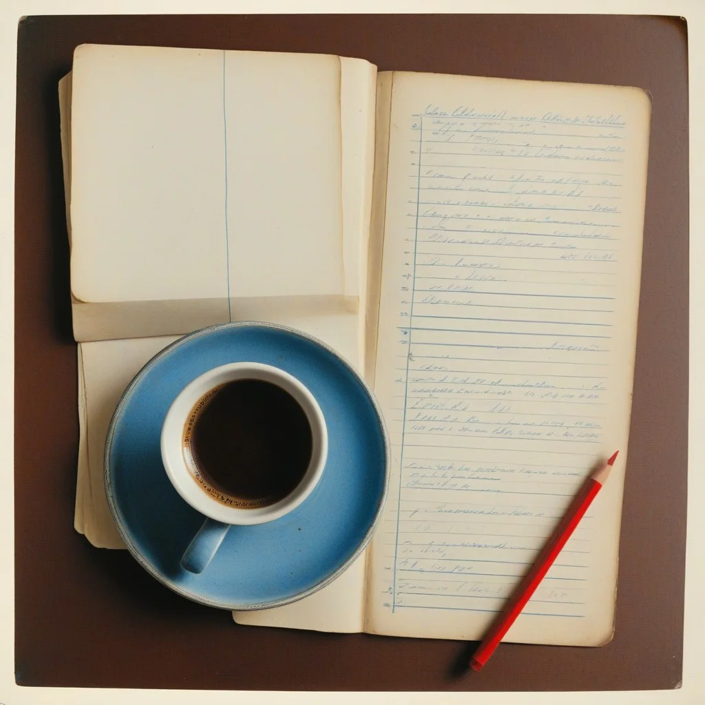 Une vieille partition manuscrite sur papier jauni, avec des annotations en encre bleue et rouge, une tache de café en coin, et un crayon à mine brisée posé dessus comme pour marquer une pause.