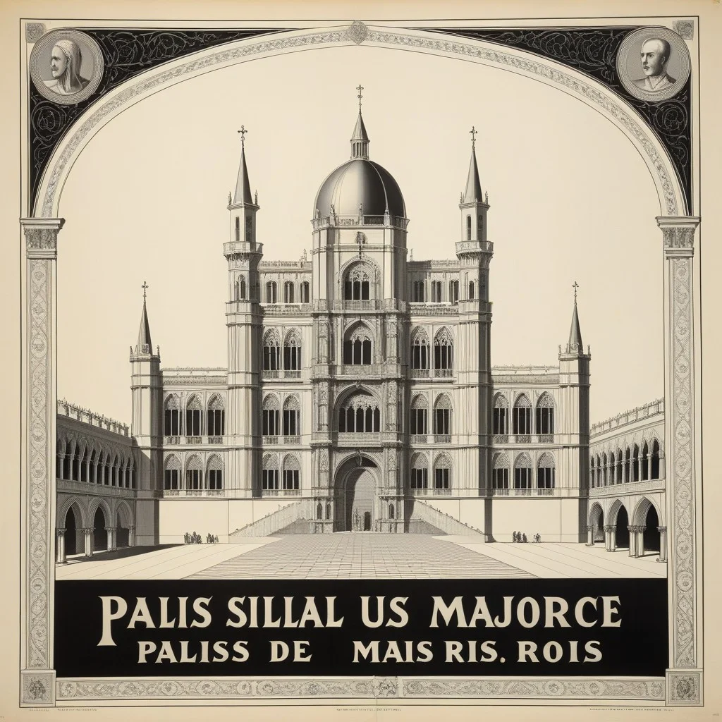 Une carte postale ancienne représentant le Palais des Rois de Majorque avec ses fortifications médiévales.
