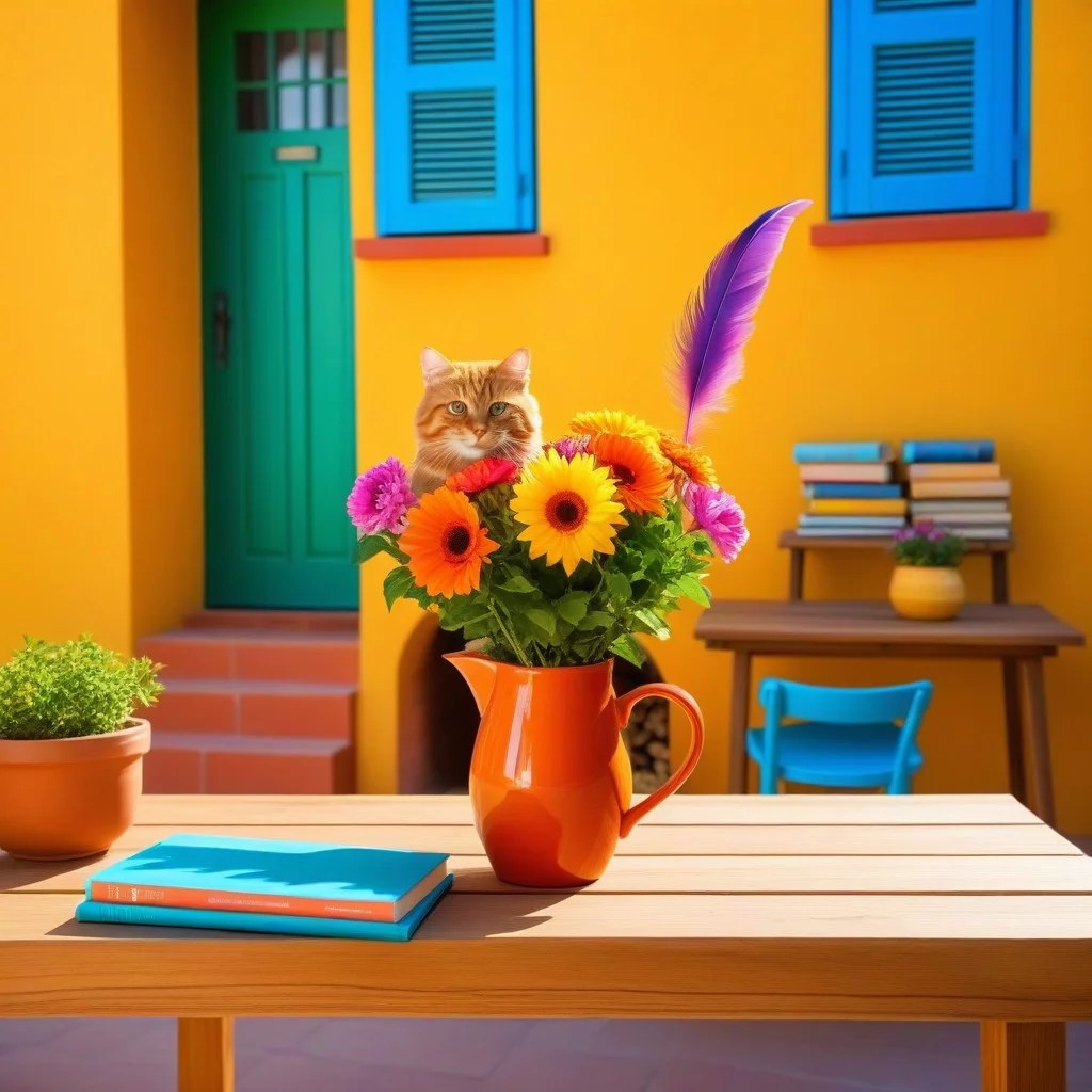 Une table en bois rustique sous un auvent de toile, avec des piles de livres colorés, une cafetière en cuivre fumante, et une main posée sur un carnet ouvert. Un chat dort à côté d’un livre de poèmes, la queue enroulée autour du titre « Lettres à plumes et à poils ».