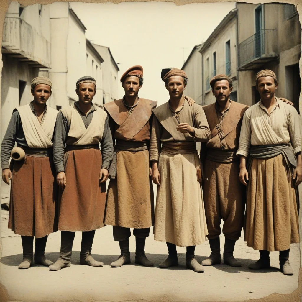 Un ancien tableau représentant une scène de rue animée avec des danseurs et des musiciens en costumes traditionnels.