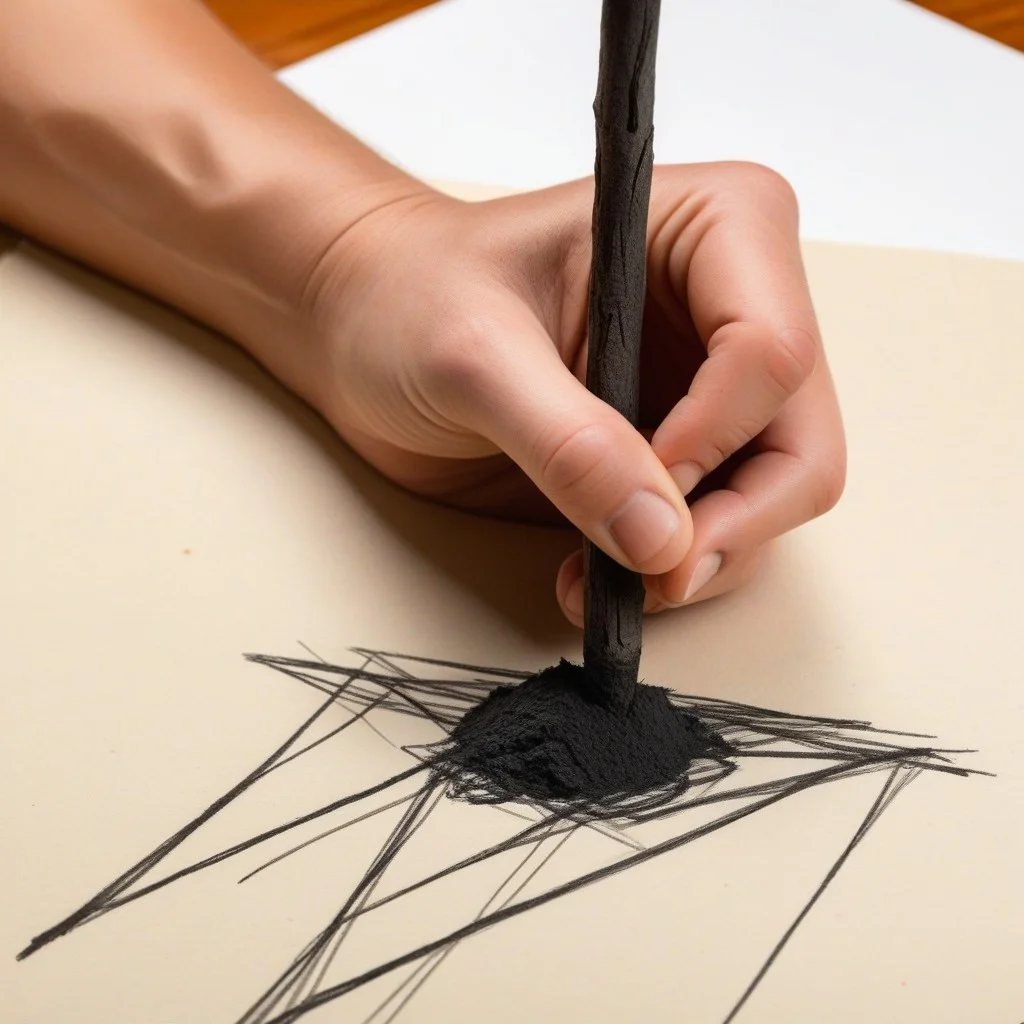 A close-up detail shot of hands holding a charcoal stick, actively sketching dynamic, expressive lines on rough paper, with smudges of black and grey charcoal visible on the fingertips, highlighting the tactile and messy nature of the artistic process.
