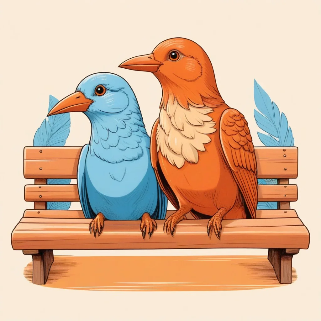 Illustration BD au style rétro, couleurs pastel et chaudes (ocre, terracotta, bleu ciel). Élias est assis sur un banc en bois, un marteau à la main, en train de discuter avec un petit oiseau bleu posé sur son épaule. Autour de lui, des esquisses de sculptures flottent dans l'air, dessinées avec des traits légers et dynamiques, suggérant le mouvement et la légèreté de ses créations.