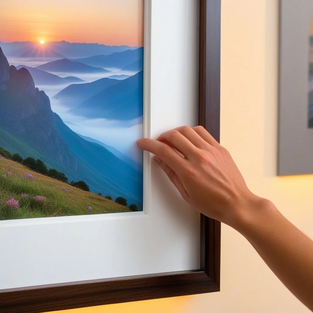 A detailed shot of a hand gently touching the edge of a framed photograph in a gallery. The photograph shows a misty mountain valley at dawn. The lighting is soft and contemplative, highlighting the texture of the paper and the frame. The background is softly out of focus, showing other artworks and the warm, inviting atmosphere of a small, local art space.