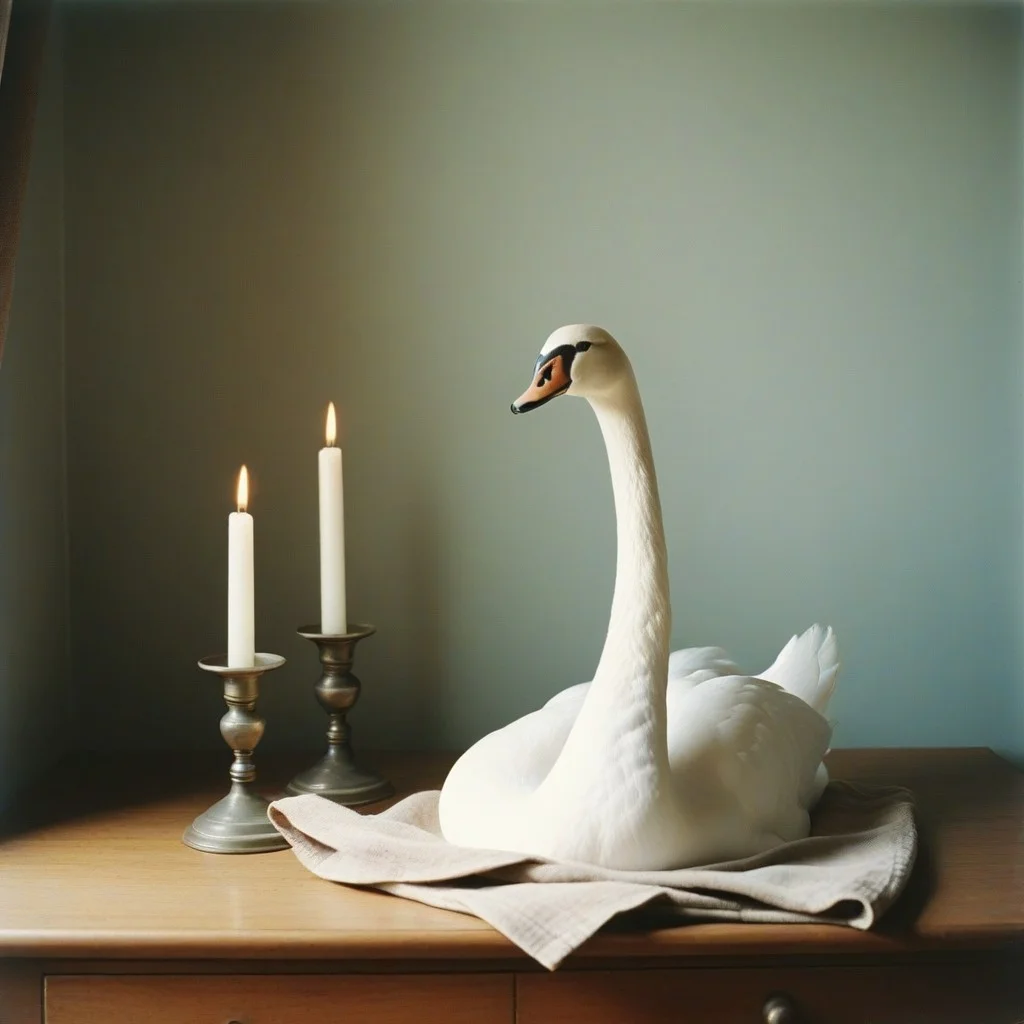 Un vieux réveil mécanique en laiton, posé sur une table de chevet. Les aiguilles sont bloquées à 3h17. À côté, un verre d’eau à moitié vide, et une serviette pliée en forme de cygne — légèrement déformée, comme si on l’avait laissée trop longtemps après le bain. Le tout sous une lumière tamisée, sans source visible. Pas de main. Pas de personne. Juste l’heure arrêtée.