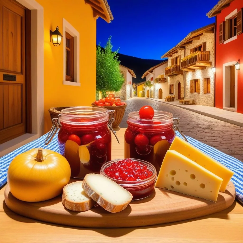 Ambiance du marché artisanal nocturne : lumières chaleureuses des chalets en bois, étals illuminés avec fromages artisanaux, pots de confiture colorés, pains dorés, bocaux de miel et épices. Un verre de vin rouge repose sur un plan de bois, à côté d’un couteau à pain et d’une assiette en terre cuite. Fond : nuit douce, étoiles visibles au-dessus des toits, silhouettes de promeneurs en fond flou.