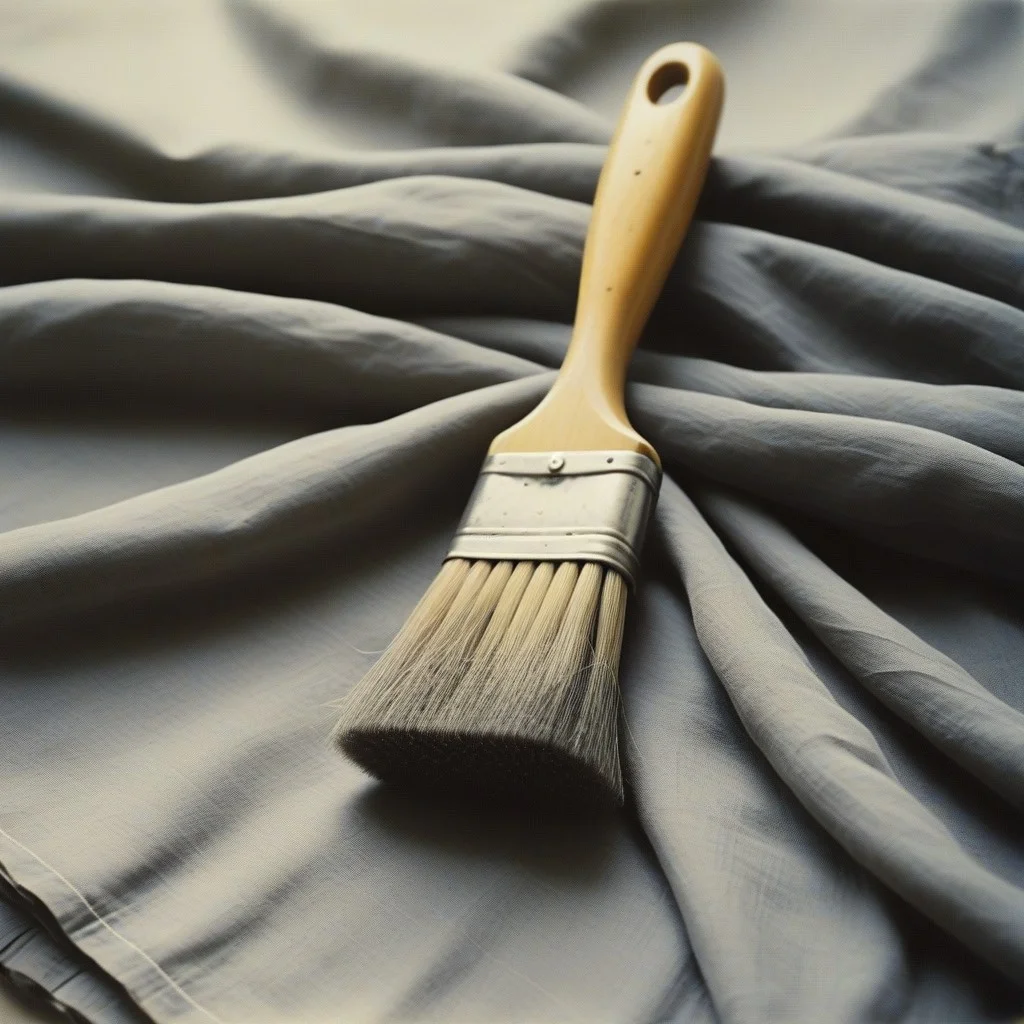 Une vieille brosse à peinture en poils de sanglier, aux manche fendu, posée sur un morceau de tissu gris. Des traces de peinture sèche coulent comme des larmes figées.