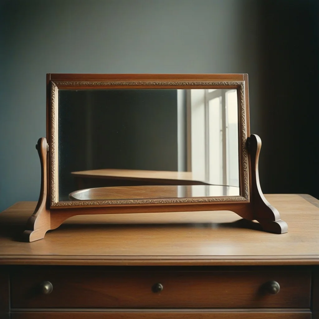 Petit miroir en cuivre terni, encadré de bois gravé, posé à l’envers sur une table en chêne. Le verre est brisé en étoile, mais la poussière ne recouvre pas les reflets.