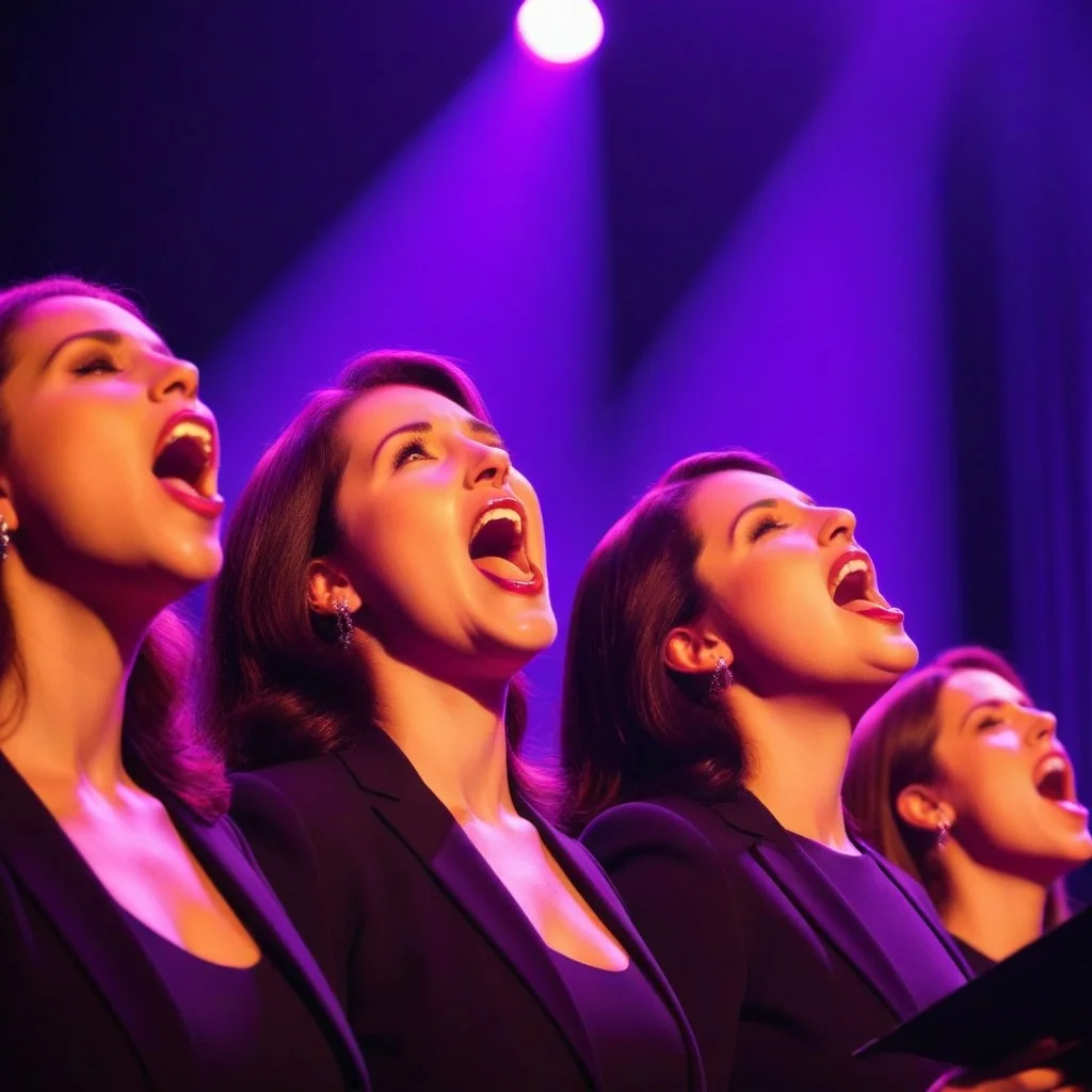 Detail shot of a choir's open mouths mid-note, lit from below by vibrant purple and orange stage lights, creating a dramatic and powerful atmosphere of collective voice.