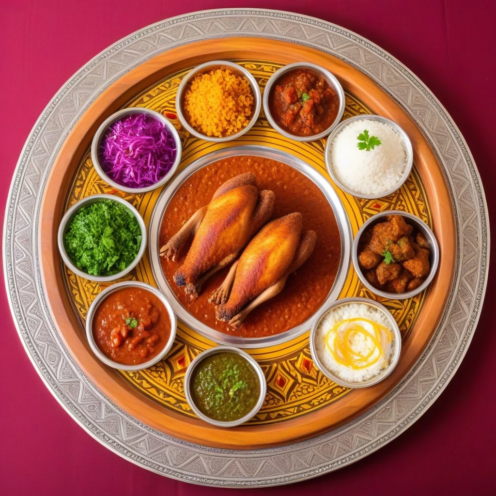 Illustration BD colorée : une table en bois ancien, recouverte d’une grande injera ronde, avec un poulet entier en son centre, entouré de quatre œufs durs brillants. Des mains éthiopiennes (avec des bagues en argent) déchirent l’injera pour en ramasser une bouchée. En arrière-plan, un vieil homme pleure de joie en mâchant. Un chien regarde avec envie… mais respectueusement.