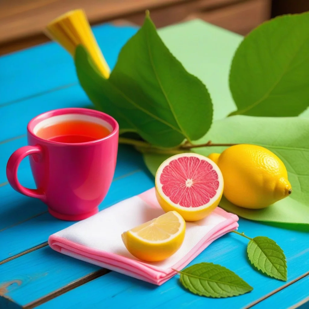 Un petit tas de papiers déchirés, de tampons en caoutchouc et de pinceaux émoussés posés sur une table en bois, entourés de petites touches de peinture séchée — des ronds de rose, des traces de bleu ciel, un trait de vert menthe. Une tasse de thé à moitié vide, avec une feuille de citron flottant dedans. Un coin de toile en cours de réalisation montre une silhouette féminine aux lignes fluides, presque transparente.