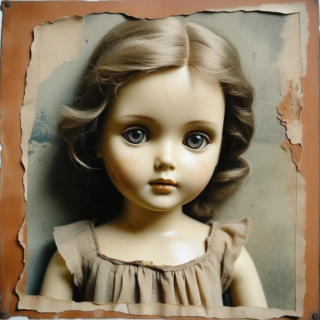 Un tableau ancien représentant une poupée de chiffon avec des yeux tristes, posée sur un fond sombre.