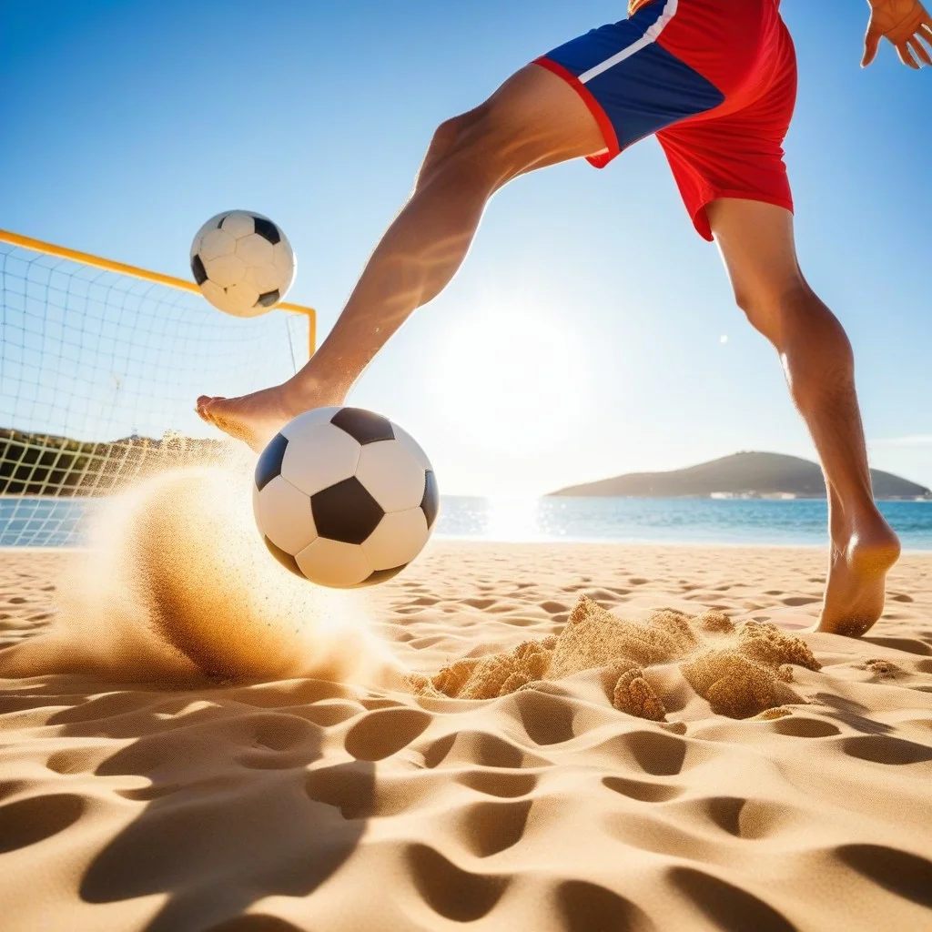 Dynamic low-angle shot of a person's legs mid-kick in a beach football match, kicking a ball high into the air, with the net and the sparkling sea in the background, bright sunlight creating strong shadows on the sand.