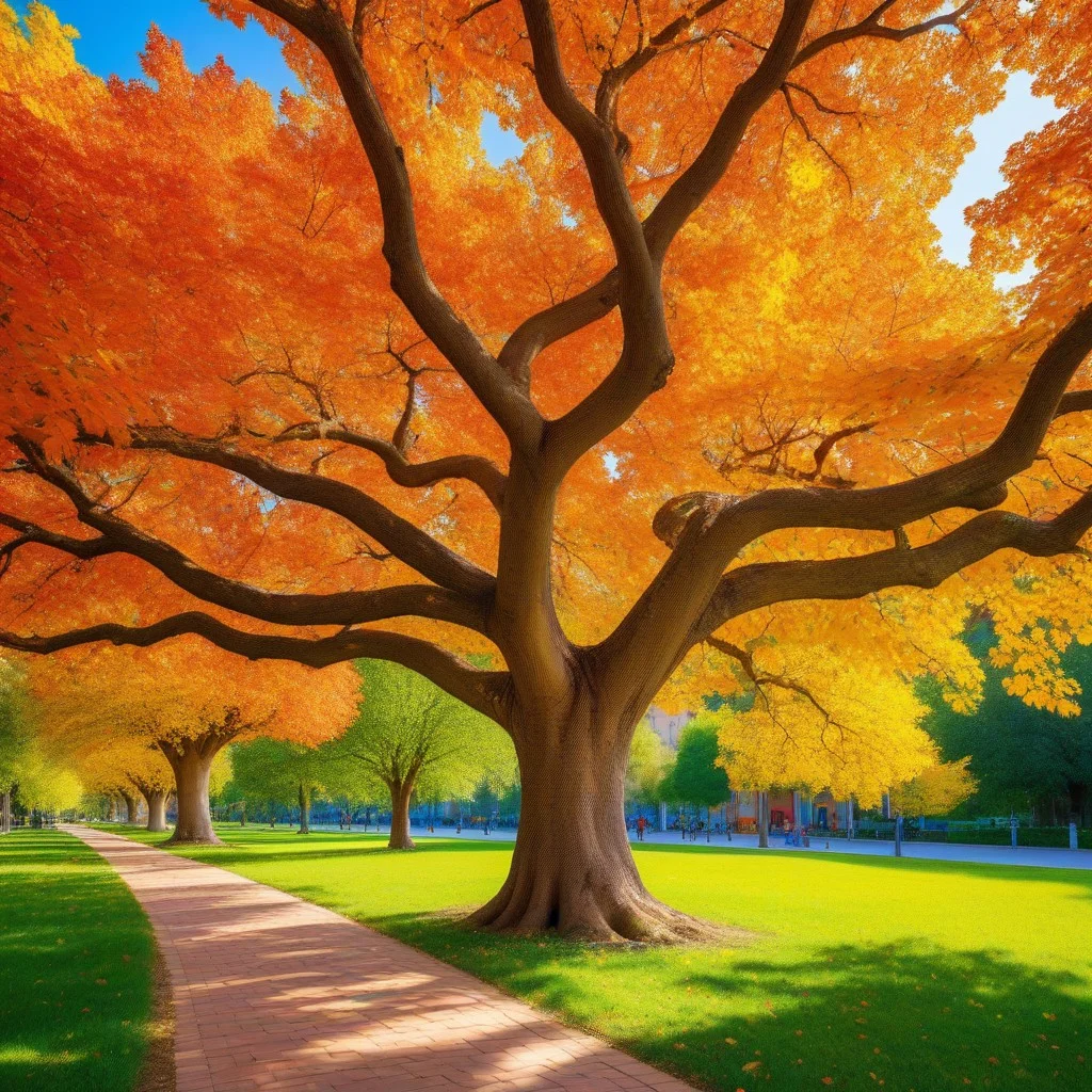 Une vue en contre-plongée d’un platane majestueux, ses branches formant une voûte naturelle au-dessus d’une allée déserte. Des feuilles tombent lentement dans la lumière dorée du soir. Sur le trottoir, un seul crayon noir, posé comme une offrande.