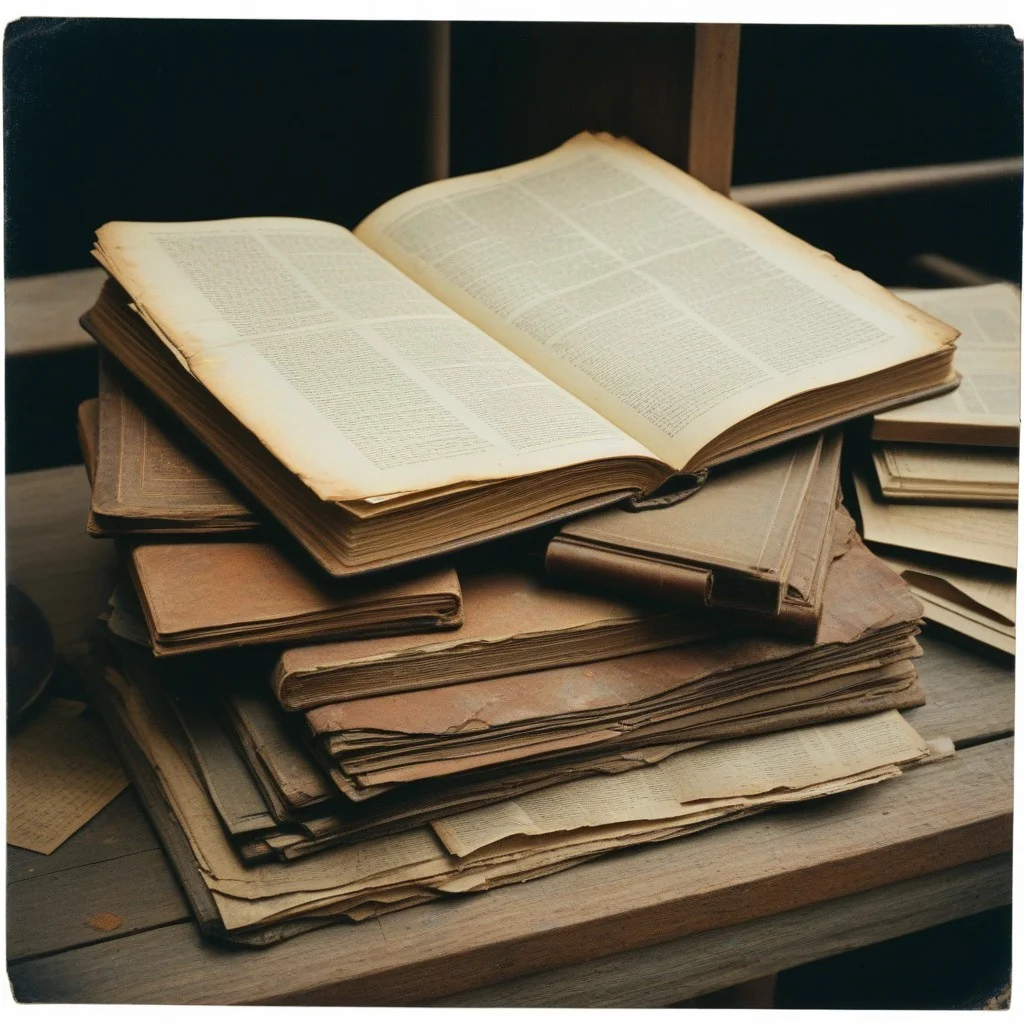 Un tableau ancien représentant une scène de marché avec des livres et des documents anciens.