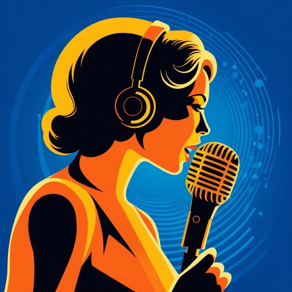 A vibrant, retro-style poster illustration featuring a silhouette of a woman speaking into a microphone against a deep blue background, with abstract shapes representing sound waves and memory fragments in bright orange and yellow.