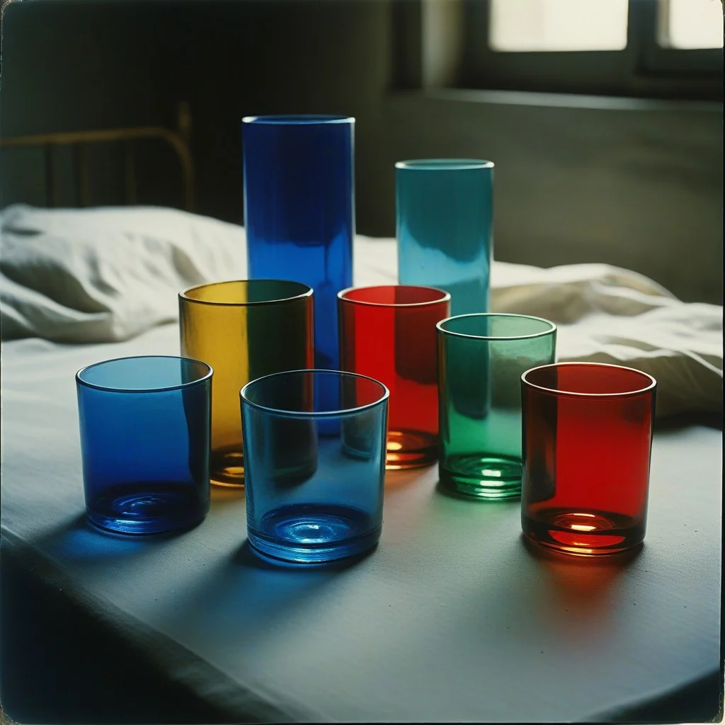 Un morceau de vitrail brisé, posé sur un lit de poussière dorée. Les éclats de verre colorés — bleu cobalt, rouge brique, vert d’eau — forment des fragments de figures humaines sans visage.