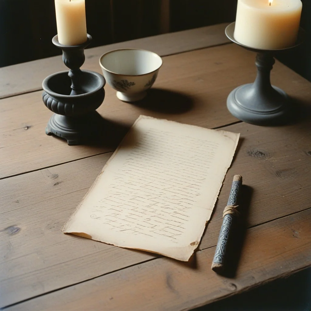Une plume d’oie, noircie par l’encre ancienne, posée sur une table de bois vermoulu. À côté, un petit morceau de parchemin avec trois lignes de calligraphie gothique, partiellement effacées.