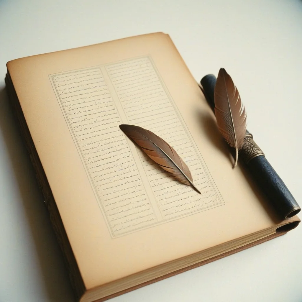Un vieux cahier de cuir usé, ouvert sur une page manuscrite en encre noire, avec des mots en arabe et en français entrelacés, tachés d’eau ou de larmes, à côté d’une plume d’oie rouillée.