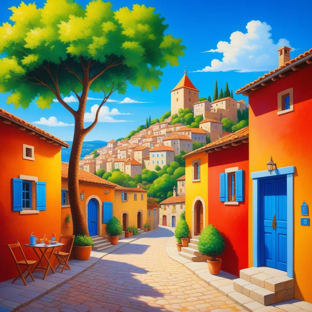 Un coin d'atelier en fin d'après-midi, avec plusieurs œuvres terminées posées sur des tabourets bas : un paysage urbain aux toits rouges, une colline parsemée d’arbres brodés, et un ciel en mousseline bleu pâle. Une tasse de thé fumante repose à côté, avec une cuillère encore trempée dans le fond.
