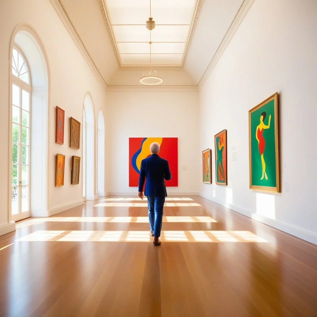 A wide shot of a visitor walking slowly down the museum’s main gallery, back turned to camera, holding one art card in hand, looking up at a large Matisse painting on the wall. Sunlight streams through high windows, illuminating dust motes and the rich reds and greens of the artwork. The floor is polished wood, echoing footsteps softly.