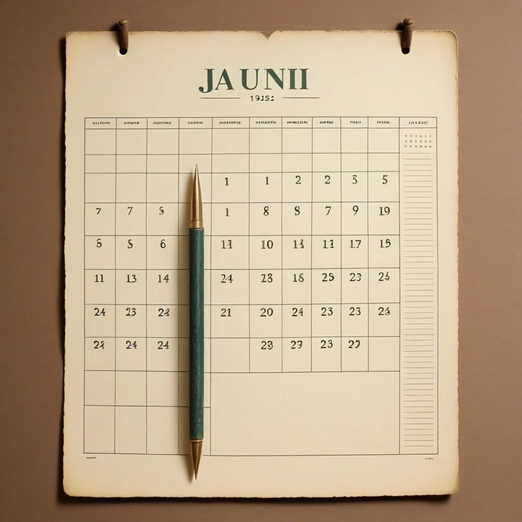 Ancien calendrier agricole de 1952, en papier jauni, avec des croix au feutre sur les jours de récolte, un stylo-bille posé à côté, la pointe usée.
