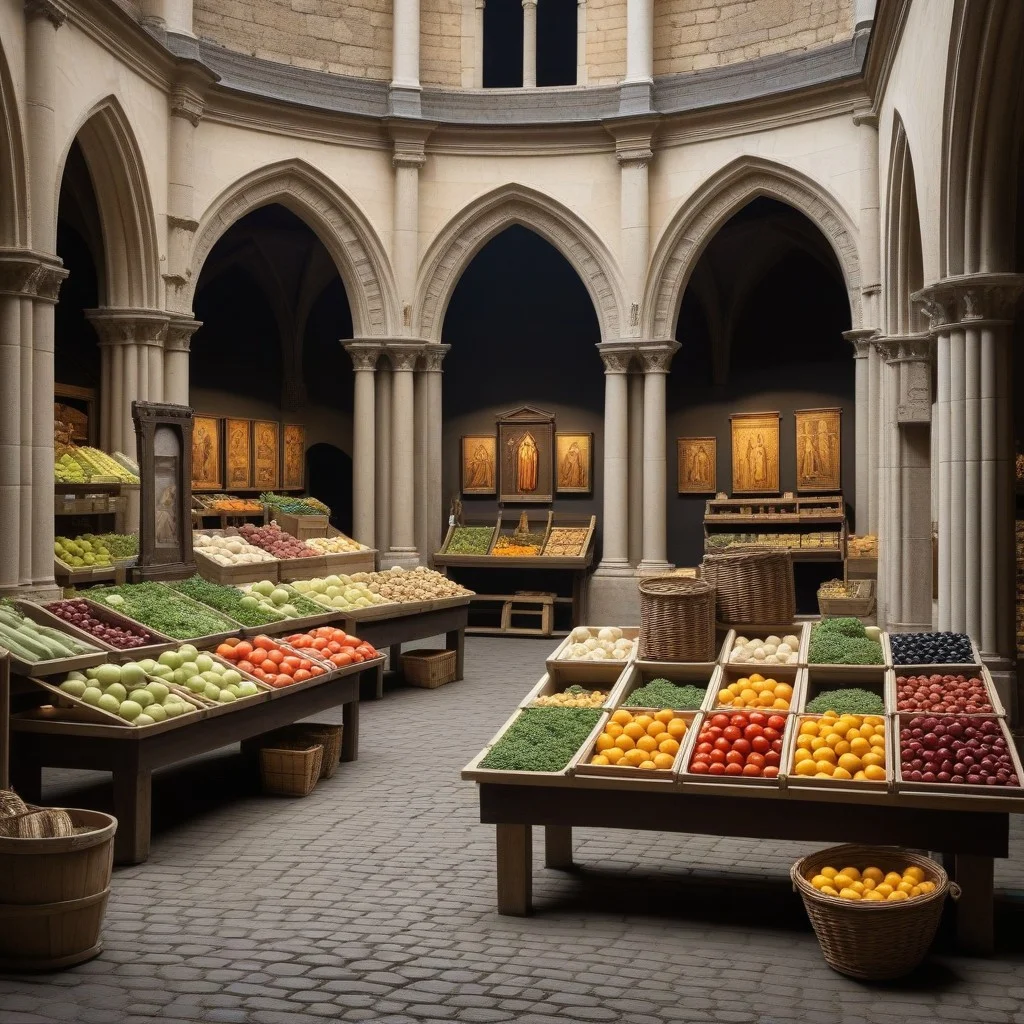 Un ancien tableau représentant une scène de marché romain avec des amphores.
